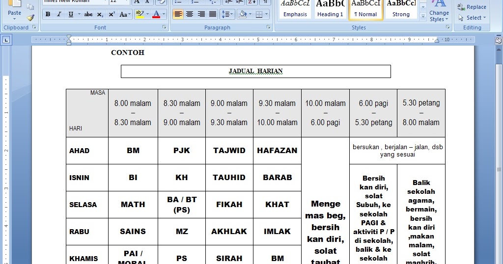 Contoh Jadual Kerja Mingguan - RubyabbMyers