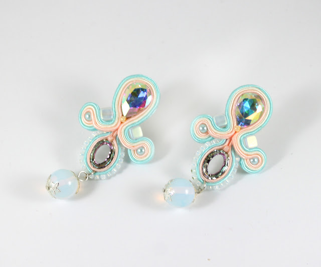 Pastels Soutache earrings,very elegant for wedding. Dangle Opals.