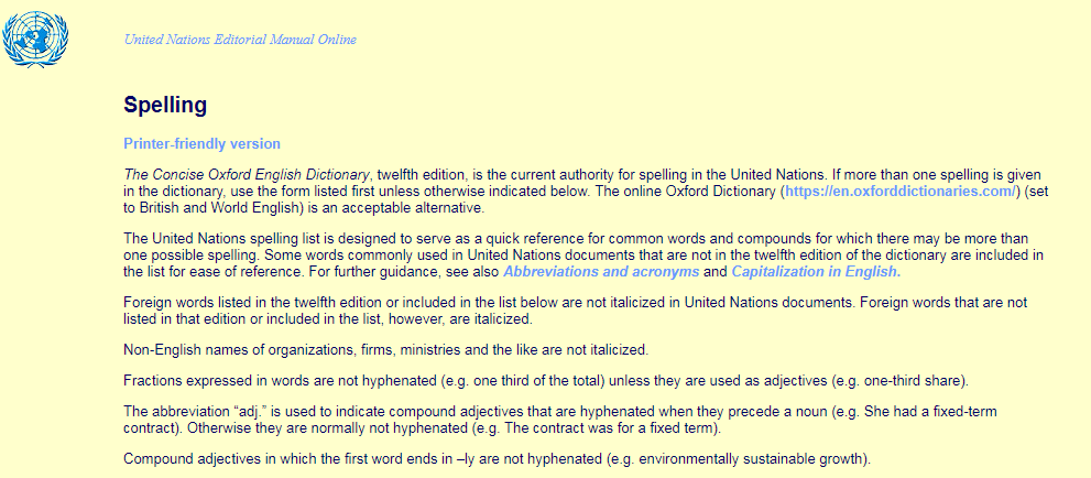 un style guide spelling dictionary includes important un online word style