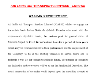 Air India Air Transport Service Limited: Walk-In Interview Recruitment