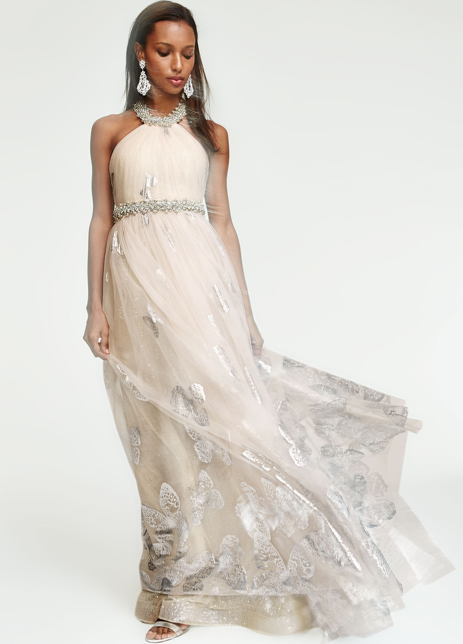 Badgley Mischka Halter Beaded Butterfly Tulle Gown, Blush