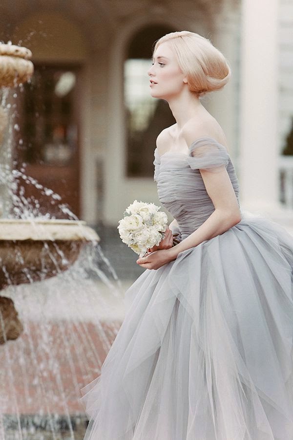 White Peony Bouquet and Gray Tulle Wedding Gown