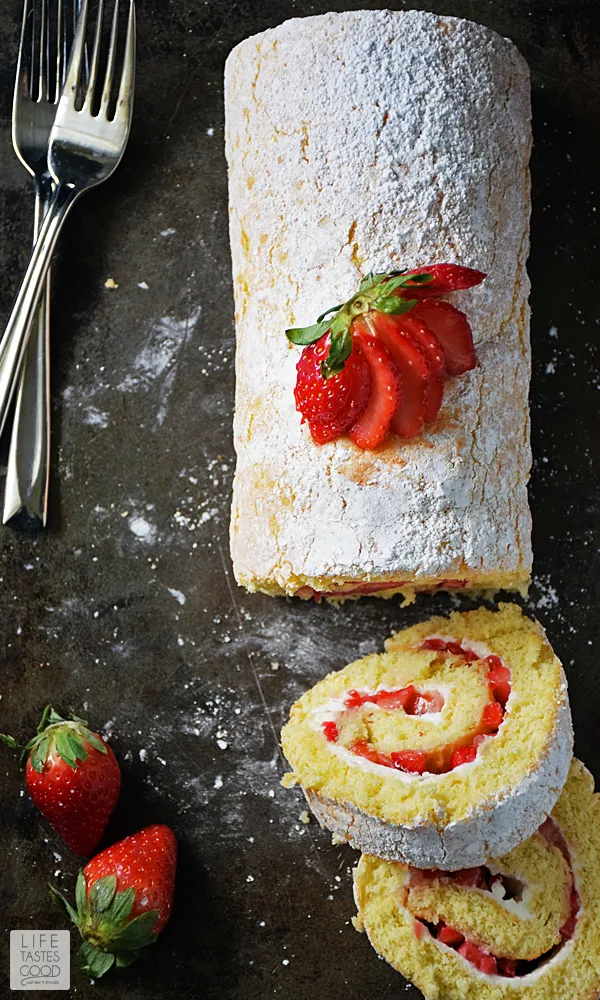 Strawberry Jelly Roll Cake | by Life Tastes Good just in time for Valentine's Day! You already make their heart go pitter patter, so why not treat their taste buds to this rich, delicious cake with fresh Florida strawberries all rolled up into a pretty package. #LTGrecipes
