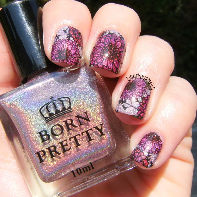 Pink holographic flowers nail art feat. Bornprettystore holo polish H004 Magnificent Time and BPY40 water decals