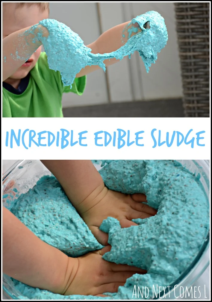 Edible sludge sensory play for kids - a messy slime-like dough from And Next Comes L
