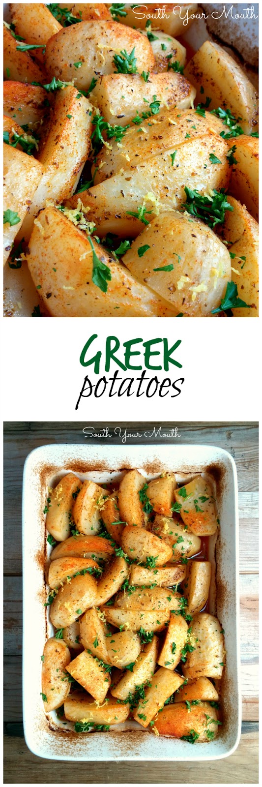 Greek Potatoes! Baked with olive oil, butter, garlic and lemon until tender and golden. 