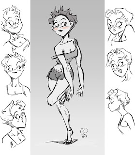 Monochrome character sketch of girl with shorts and tank top and facial expressions - Design and illustration by Cesare Asaro - Curio & Co. (Curio and Co. OG - www.curioandco.com)