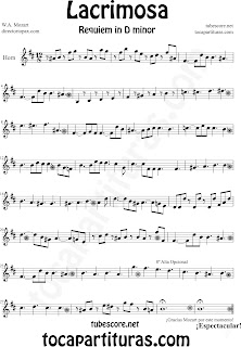 Partitura Fácil  de Lacrimosa para Trompa y Corno  Sheet Music for Horn  and French Horn Partitura Requiem by Mozart Music Scores