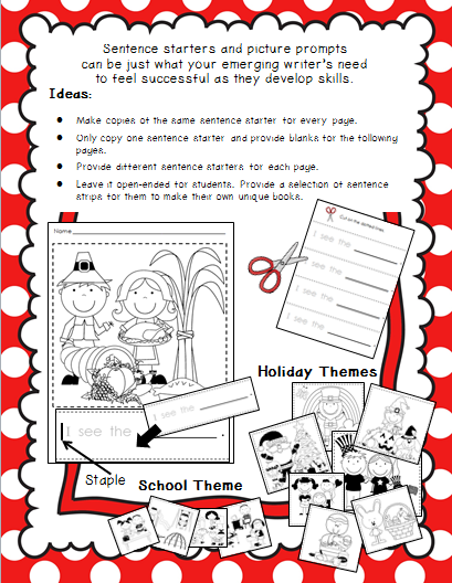 http://www.teacherspayteachers.com/Product/Sentence-Starters-and-Picture-Prompts-Holiday-School-Themes-965936