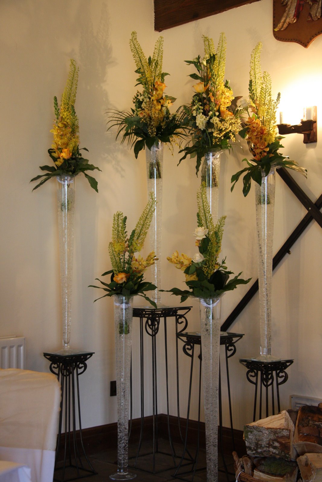 Flower Design Wedding Ceremony Styling Tall Conical Vases on Pedestals