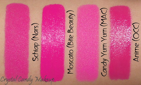 Nars Schiap - Bite Beauty Moscato - MAC Candy Yum Yum - OCC Anime Lip Tar - Bright Pink lipstick swatches