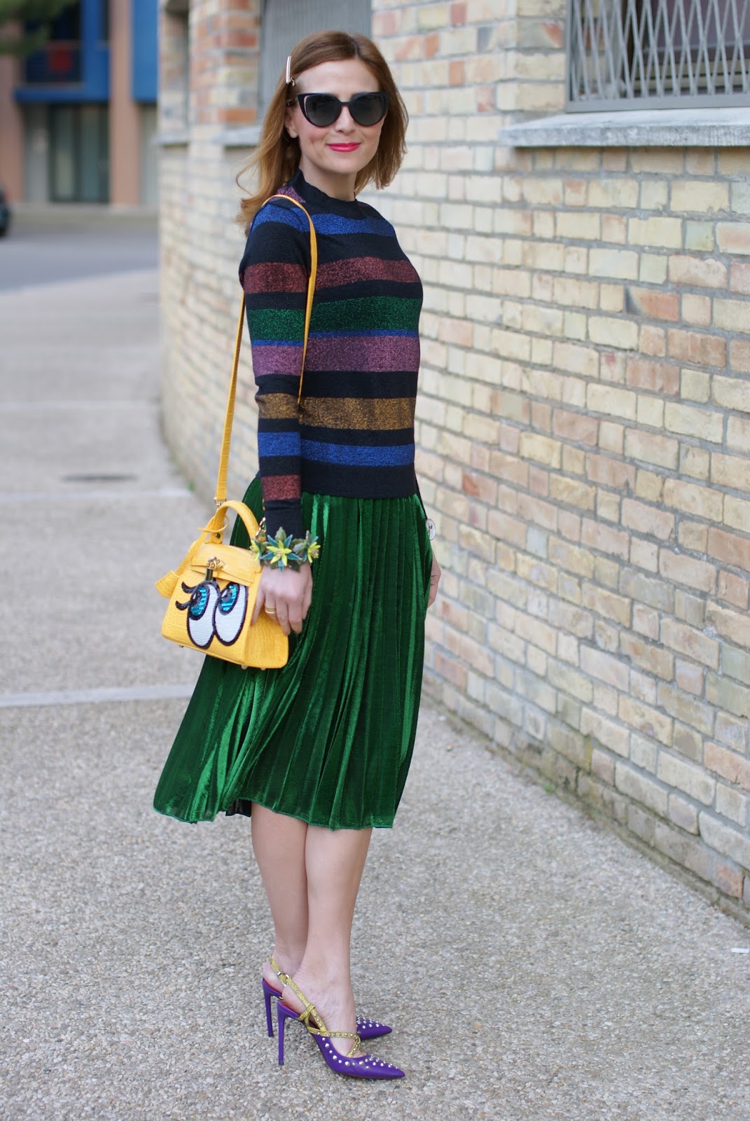 green metallic pleated skirt, striped metallic blouse, Cesare Paciotti heels on Fashion and Cookies fashion blog, fashion blogger style