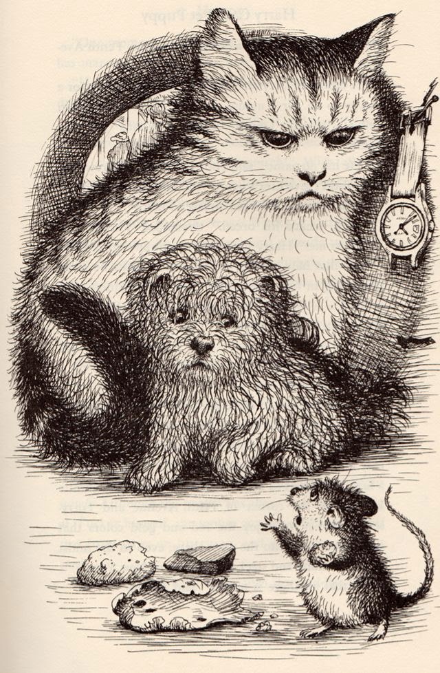 illustration by Garth Williams of a cat a dog and a mouse