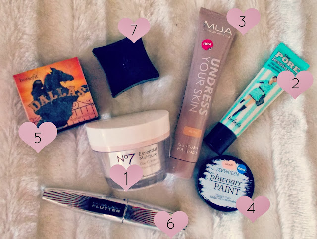 Benefit, Benefit Dallas Bronzer, Benefit Porefessional Primer, Illamasqua Brow Cake, L'Oreal Flutter Lash, MUA Undress Your Skin Foundation, No.7, No7 Beautiful Skin Day Cream, Seventeen Phwoarr Paint, 