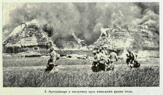 Austrian advance through Russian villages which have been set on fire