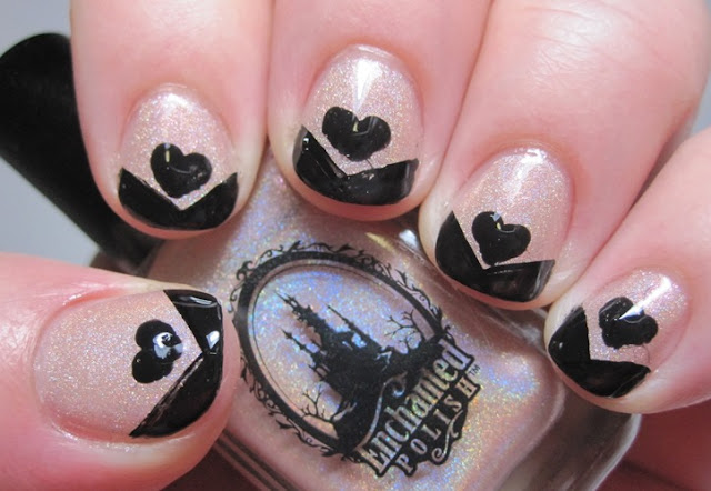 black tip and heart on nude holo base