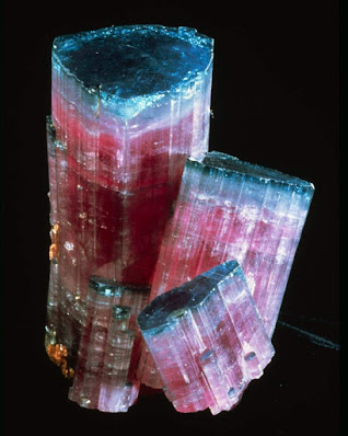 Elbaite tourmaline, cluster of four intergrown "blue-cap" crystals, Tourmaline Queen Mine, California.