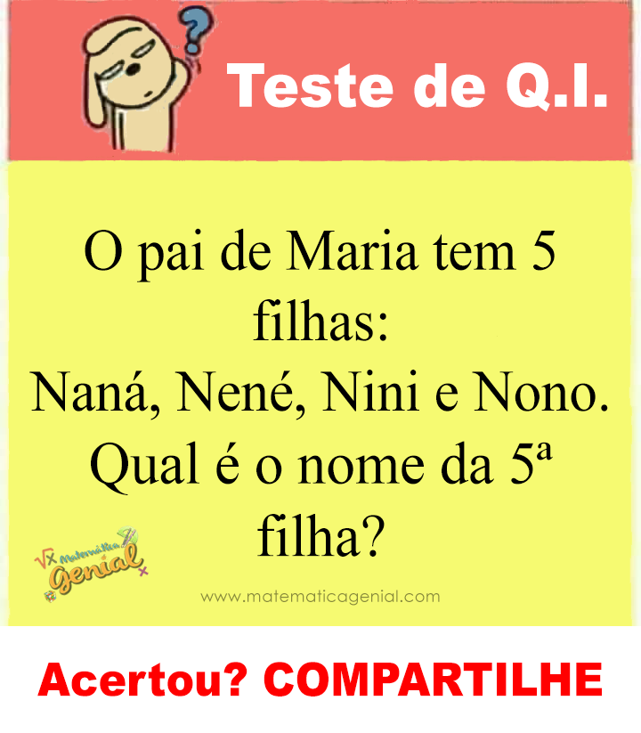 O pai de Maria tem 5 filhas Naná, Nené, Nini e Nono. Qual é o nome da 5ª filha? Matemática Genial O pai de Maria tem 5 filhas Naná, Nené, Nini e Nono. Qual é o nome da 5ª filha? Matemática Genial