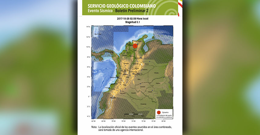 TERREMOTO EN COLOMBIA de magnitud 5.1 (Hoy Jueves 26 Octubre 2017) Sismo EPICENTRO Pueblo Bello César - Valledupar - www.sgc.gov.co