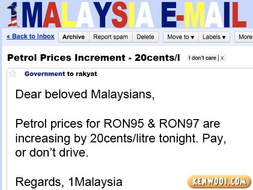 1malaysia email petrol price