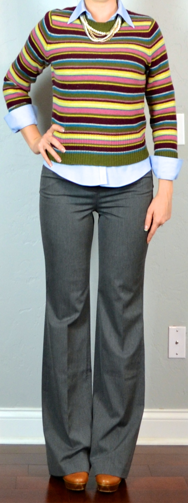 outfit post: striped sweater, blue button down, grey editor pants ...