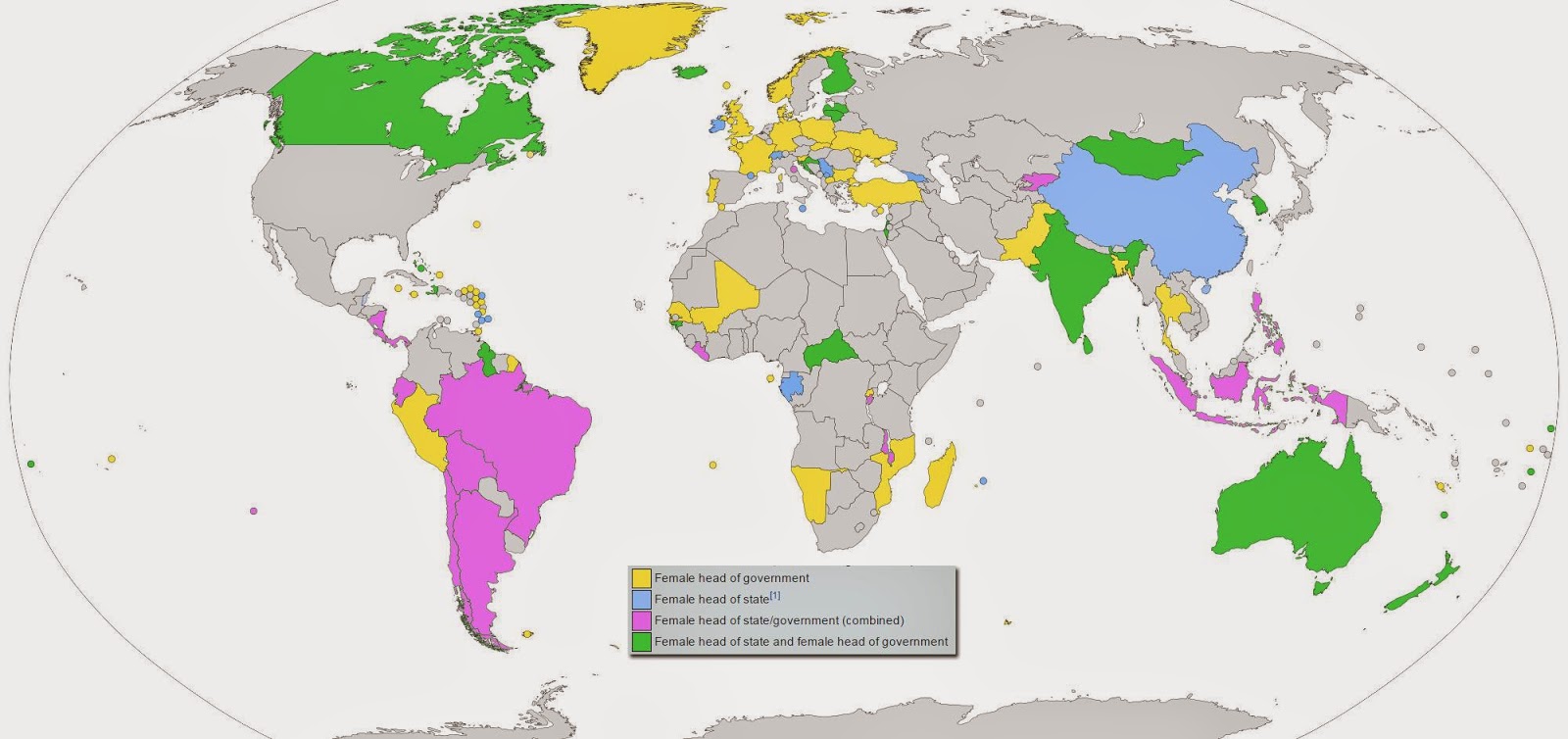 Map showing countries which since independence have had female head of government/state
