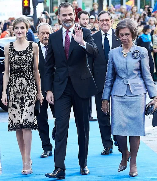 King Felipe, Queen Letizia and Queen Sofia attended ceremony of the Princess of Asturias Award 2016 at Campoamor Theater in Ovedio. Letizia wore diamond earrings, Magrit sandals, Felipe Varela dress