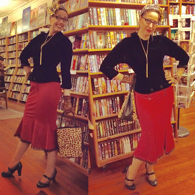Gail Carriger in Vintage 1940s Black Velvet Top and a Red Trumpet Skirt with Leopard Accessories 