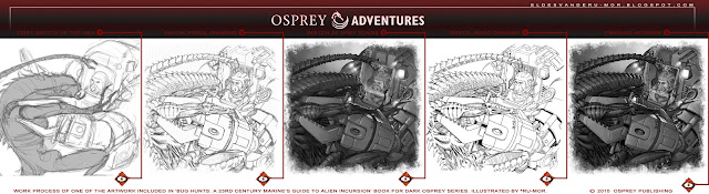 illustration of Bug Hunts book, done by RU-MOR for OSPREY Adventures, sci-fi wargame, 'Dark Osprey' collection, Osprey Publishing, alien, bug, star marines, army, space guns