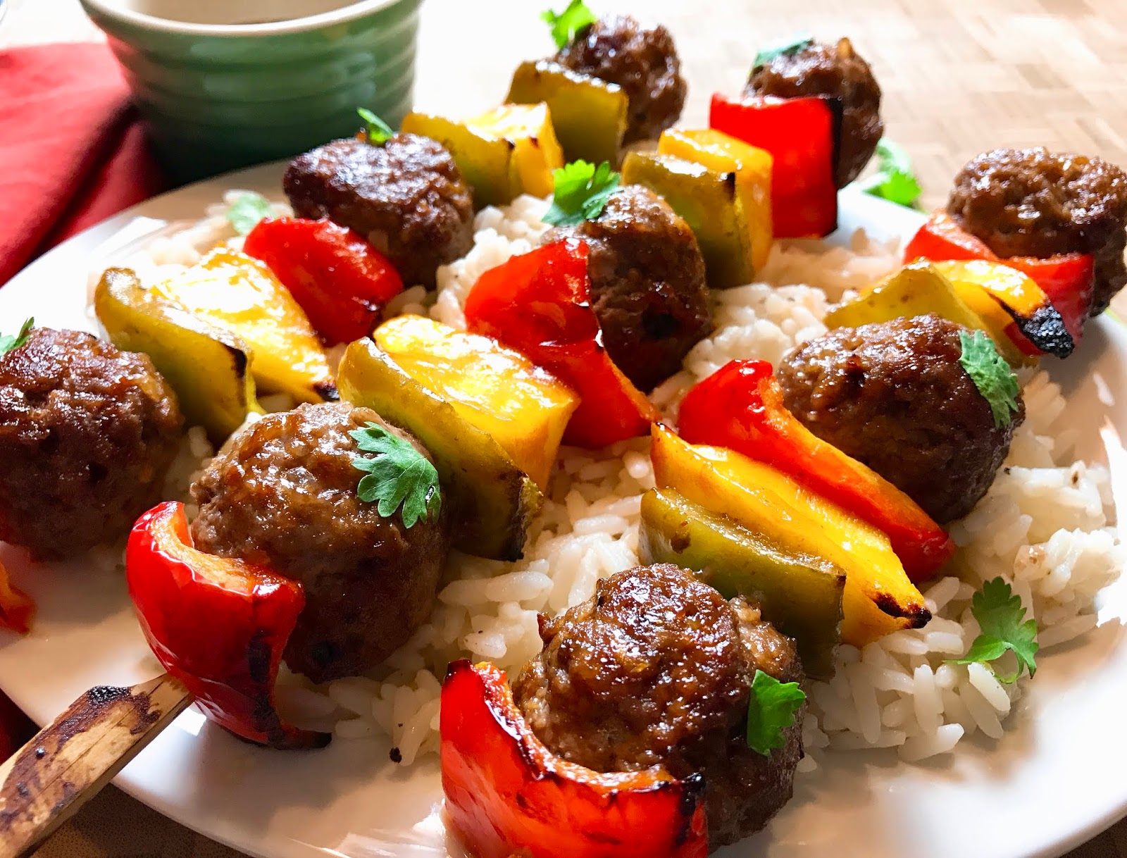Sweet and Sour Meatball Kebabs with Mango and Peppers