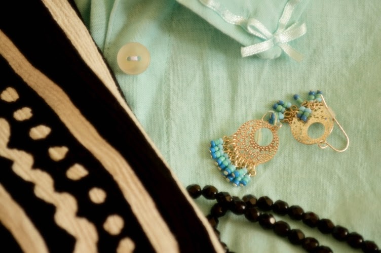 handmade, earrings, mint, black, white, Greek, bow, ribbon satin, shirt, pants, blue