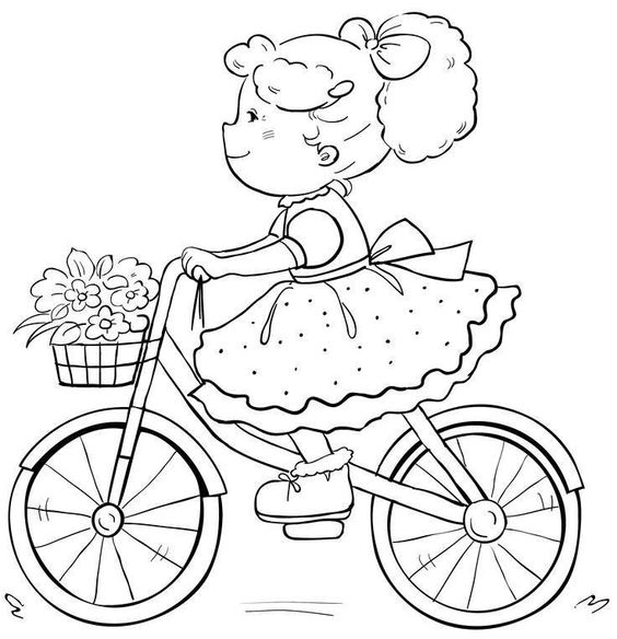Tranh tô màu bé gái đi xe đạp