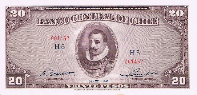 Chile Banknotes 20 Pesos = 2 Condores banknote 1947 Pedro de Valdivia