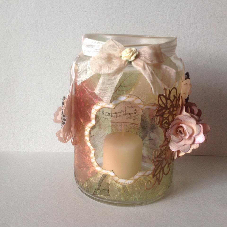Eva's Scraps N' Cards Decoupaged Candle Jar w/ Handmade Roses