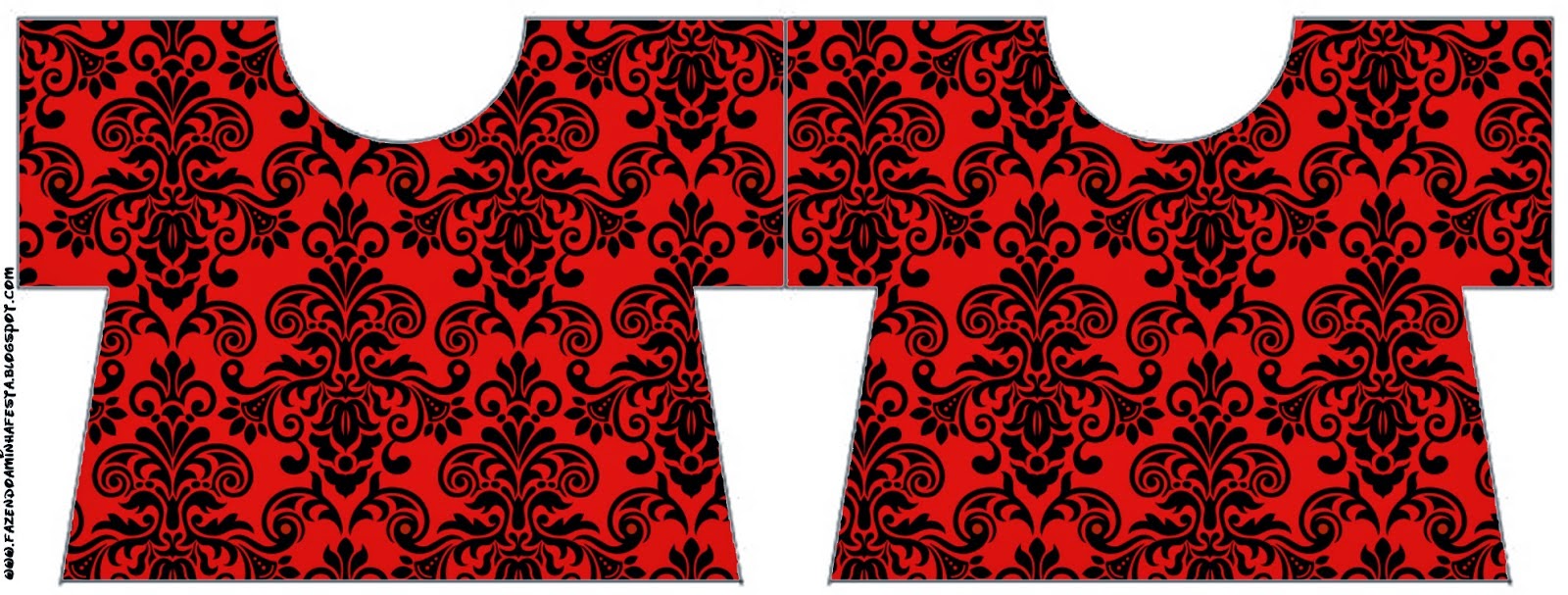 Damasco Negro en Fondo Rojo: Invitaciones para Imprimir Gratis. Tarjeta con forma de camisa de Damasco Negro en Fondo Rojo.