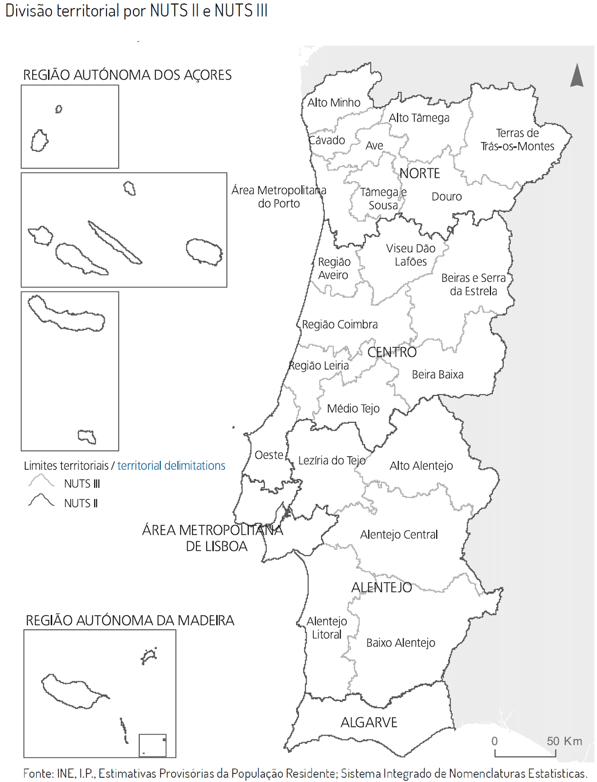 Mapa de Portugal continental e respectivas regiões