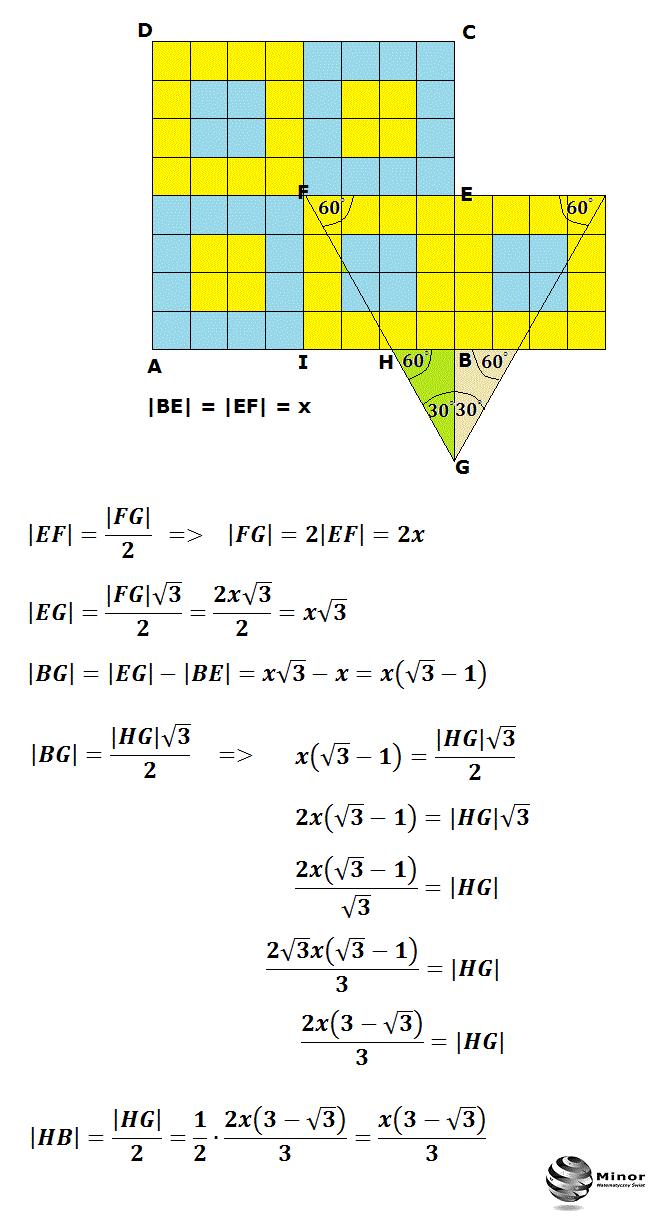 Wyznacz pole trójkąta prostokątnego BHG przyległego do kwadratu ABCD przystającego do trójkąta prostokątnego EFG częściowo wpisanego w kwadrat ABCD. Bok kwadratu ABCD ma długość 2x.