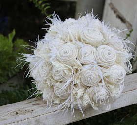 Rustic burlap and lace bride's bouquet with feathers