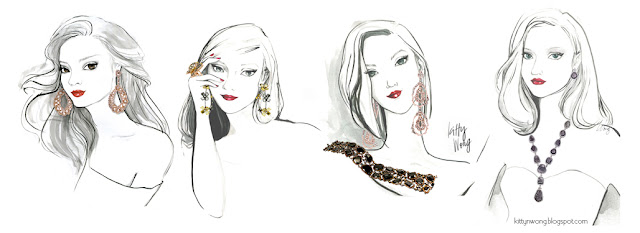 4 ink fashion sketches of girls and women wearing diamond earrings, necklaces, rings