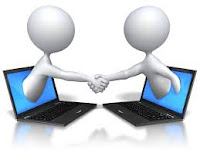 Two white 3-d stick figures shaking hands, each out of a laptop screen