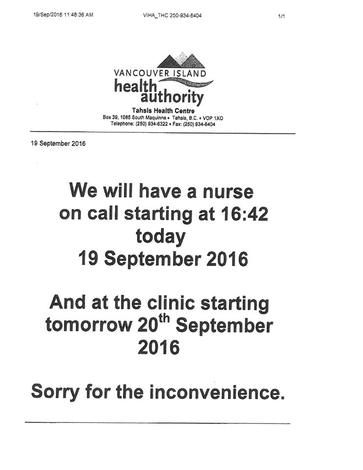 Tahsis Living New Update from Island Health