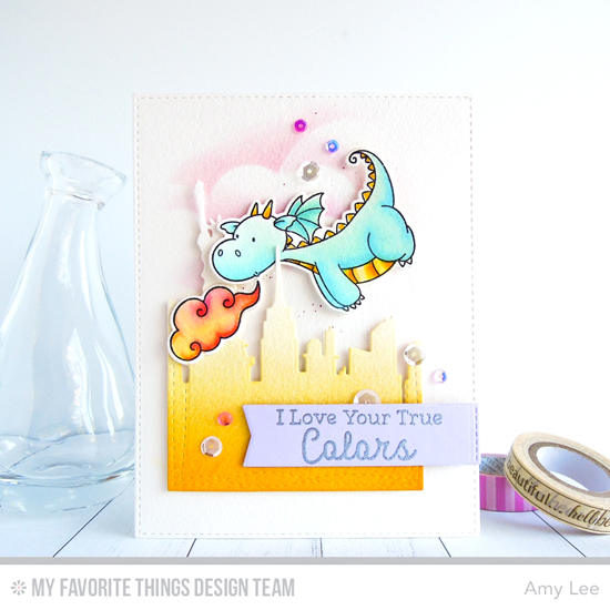 Handmade card from Amy Lee featuring Rainbow Greetings stamp set, Birdie Brown Magical Dragons stamp set and Die-namics, New York Skyline, Wonky Stitched Rectangle STAX, Blueprints 25, and Blueprints 27 Die-namics #mftstamps