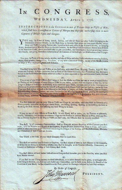 President John Hancock - In Congress Wednesday, April 3, 1776. Instructions to the Commanders of Private Ships or Vessels of War, which shall have Commissions or Letters of Marque and Reprisal, authorizing them to make captures of British Vessels and Cargoes.