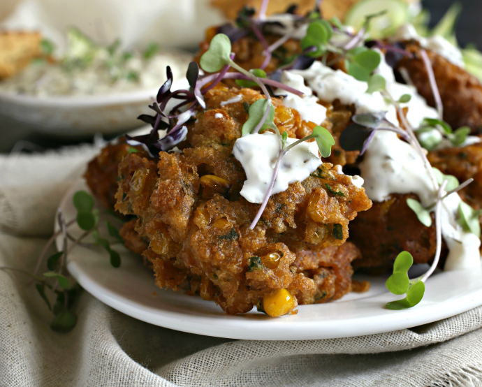 Hungry Couple Roasted Corn Fritters with Tzatziki Sauce