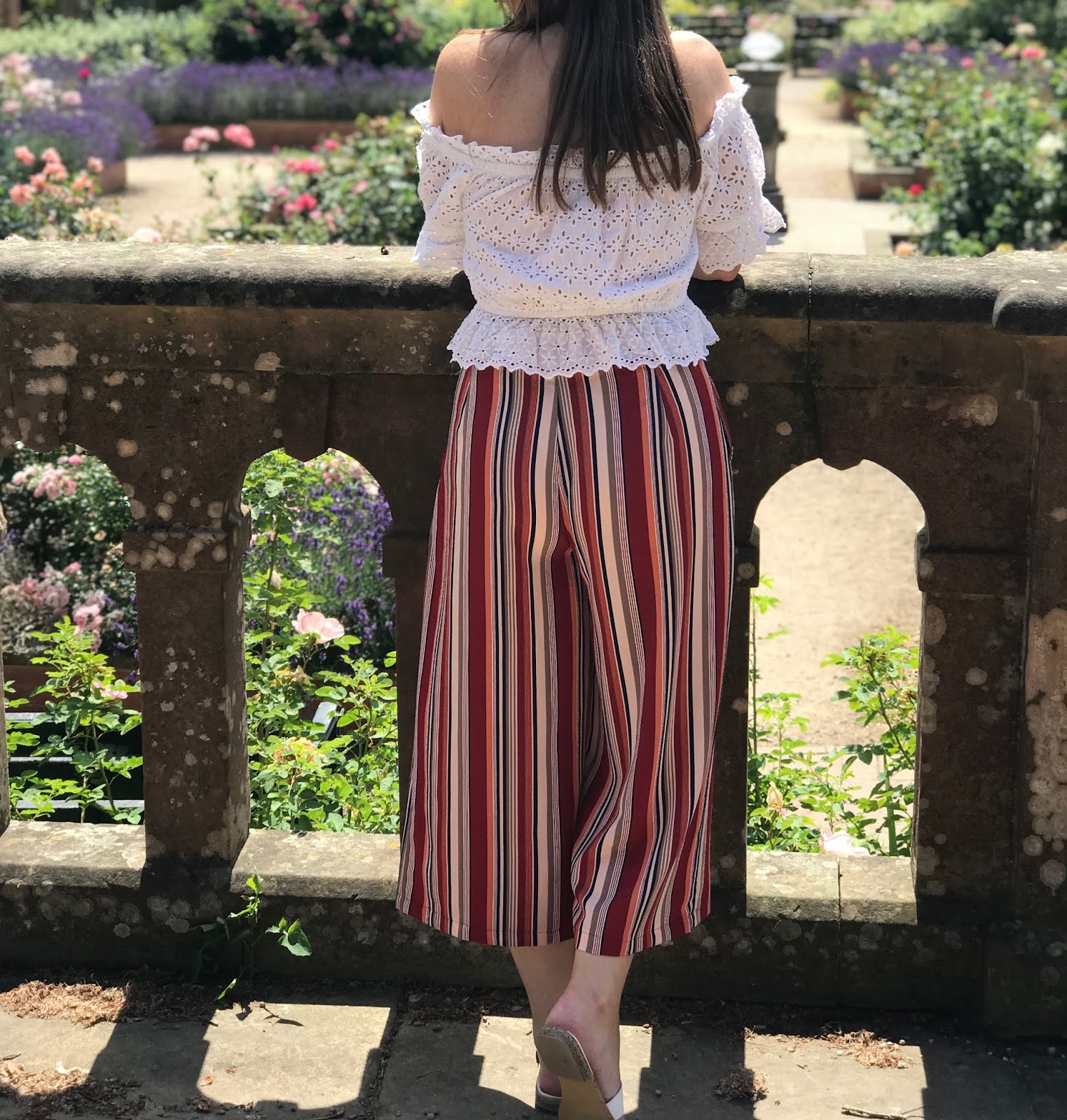 Striped culottes from Primark \ Broderie anglaise white bardot top \ white sandals 
