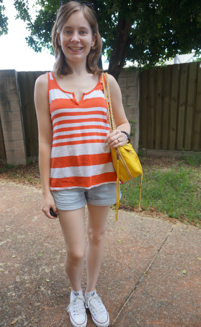 summer citrus outfit orange stripe tank bright yellow bag shorts converse playdate