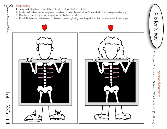 Image of Glimmercat's printable Letter X classroom activity based on the word "x-ray"