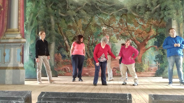 Students standing on the stage of the original Victorian theatre at Landon Down Museum
