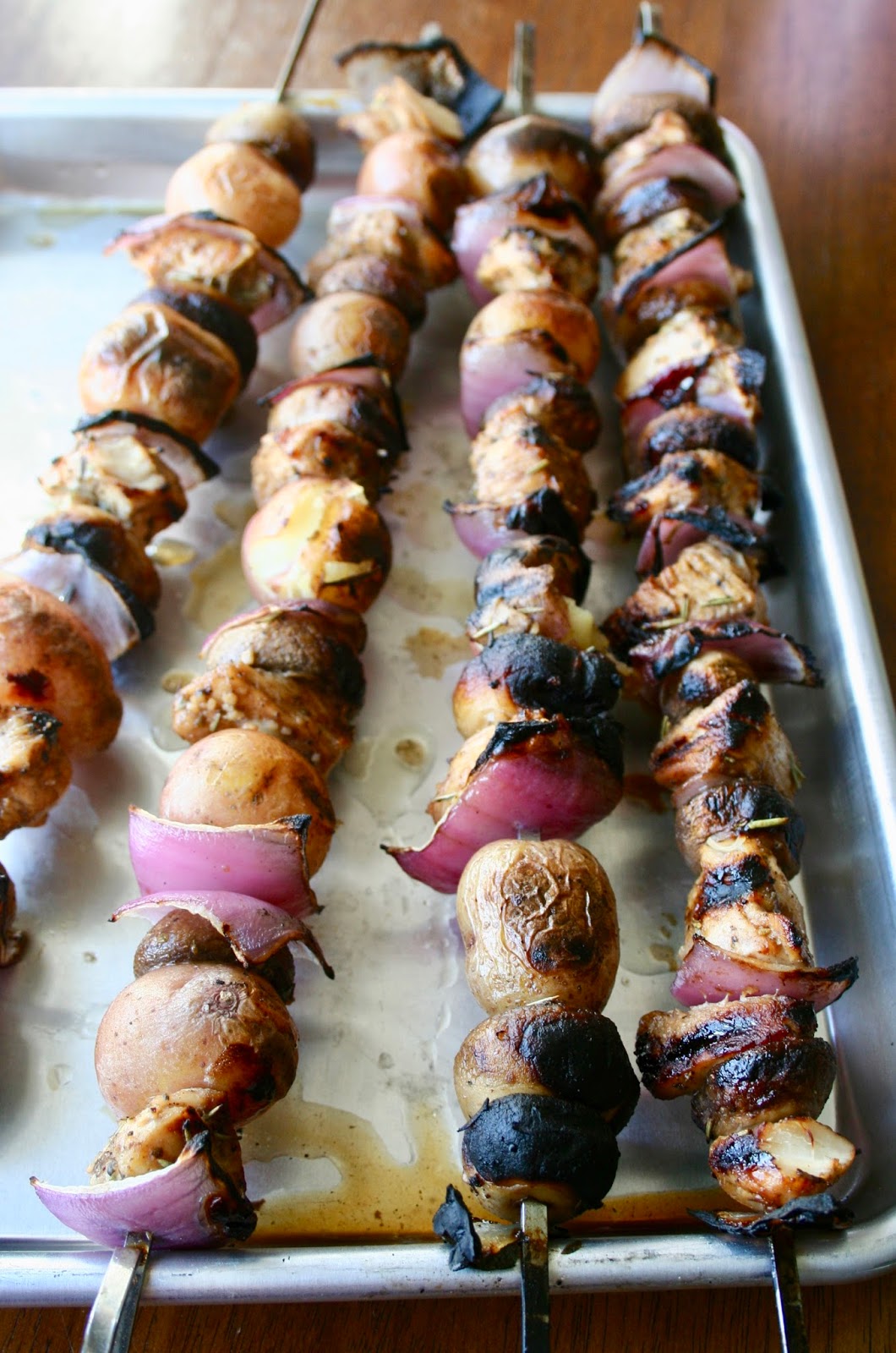 Grilled Chicken, Potato and Mushroom Kabobs