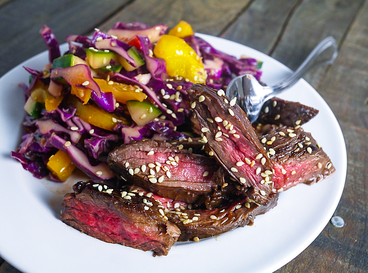 Sanddra's Secrets Spicy Skirt Steak with Asian Slaw